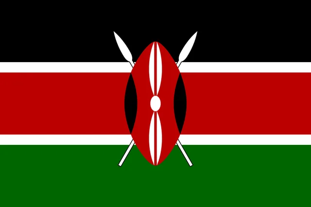 Black, red and green striped flag with white edges and a shield with crossed spears