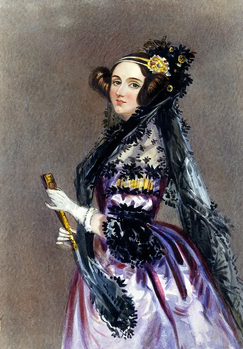 A painted portrait of a woman in an off-the-shoulder dress with dark ringlets.