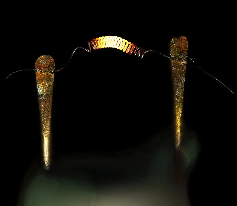 A tiny coiled wire glowing orange between two metal posts against a black background.