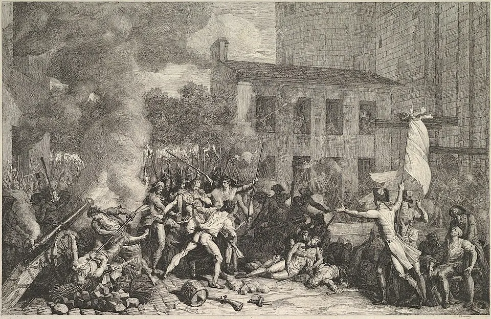 A black-and-white etching of a smoky street battle beside a tall stone tower, with armed crowds, a flag and fallen men.