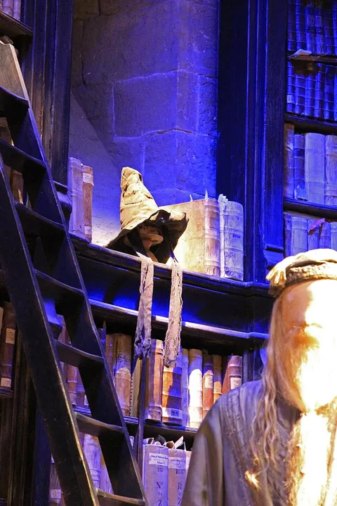 A tattered, pointed brown wizard hat on a shelf among old leather books, lit blue, with a robed figure's beard in the corner.