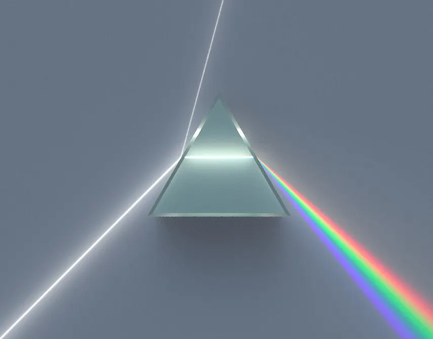 A glass triangular prism splits a thin beam of white light into a rainbow of colours.