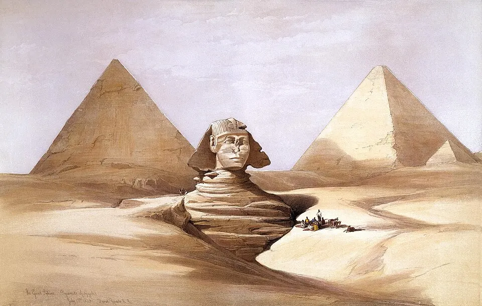 An old painting of a huge stone lion-bodied statue with a human face half buried in sand, between two pyramids.