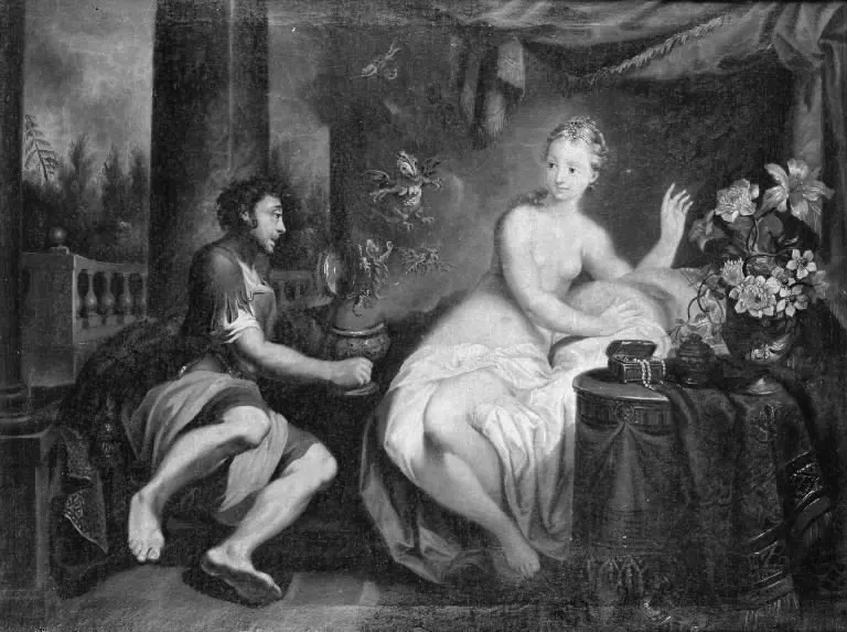 An old black and white painting of a seated man in a tunic beside a young woman reclining near a small casket and a vase of flowers.