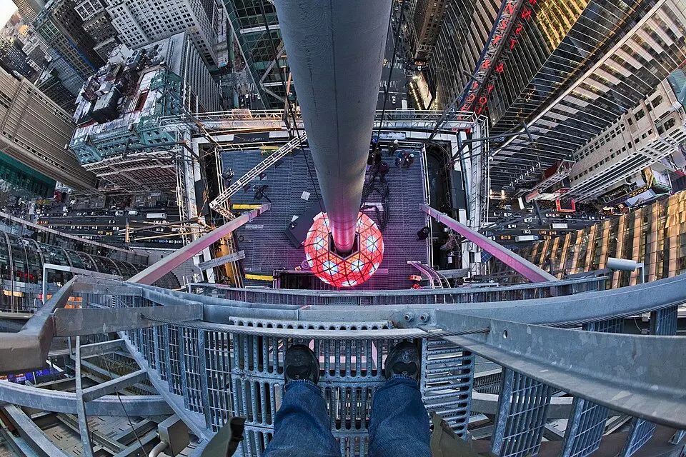 A looking-down view from a tall mast at a glowing red and blue crystal ball above a crowded city street.
