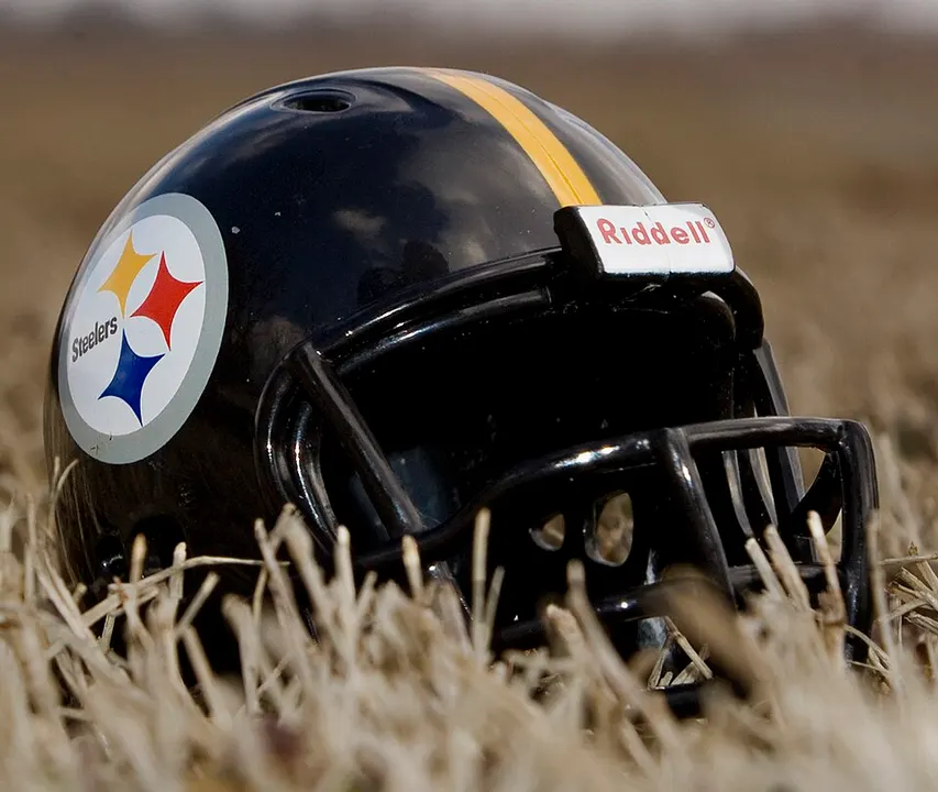 A black football helmet with a logo on one side, lying on dry grass.