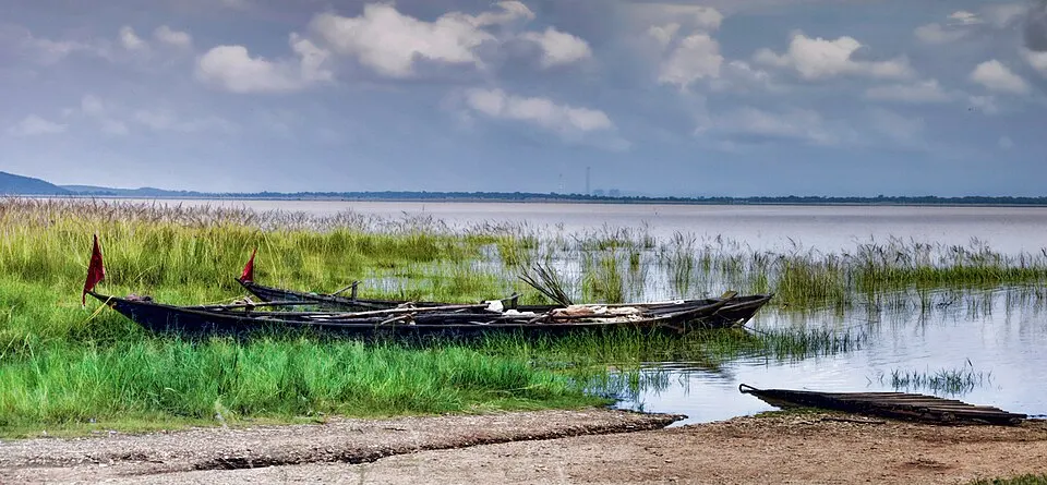 Two dark wooden boats rest among green reeds on the shore of a vast lake under a cloudy sky.