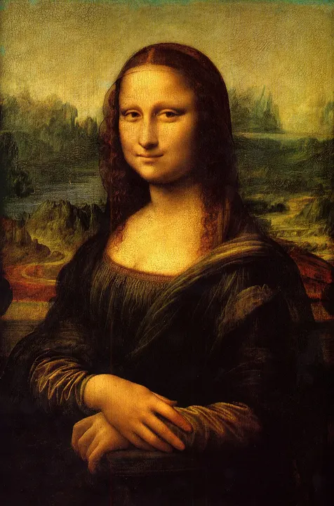 A painted portrait of a woman with long dark hair and a faint smile, hands folded, in front of a hazy landscape.