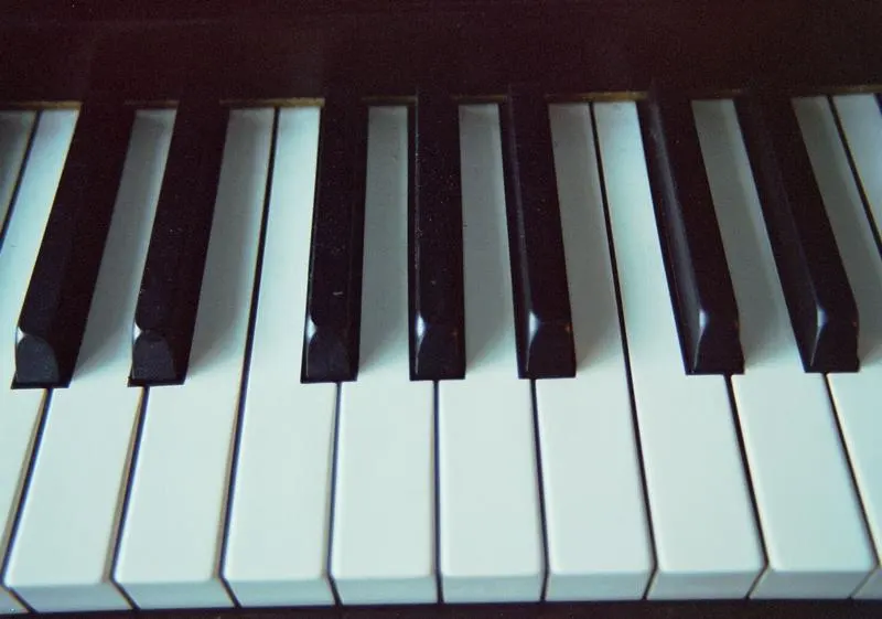 A close-up of black and white piano keys.
