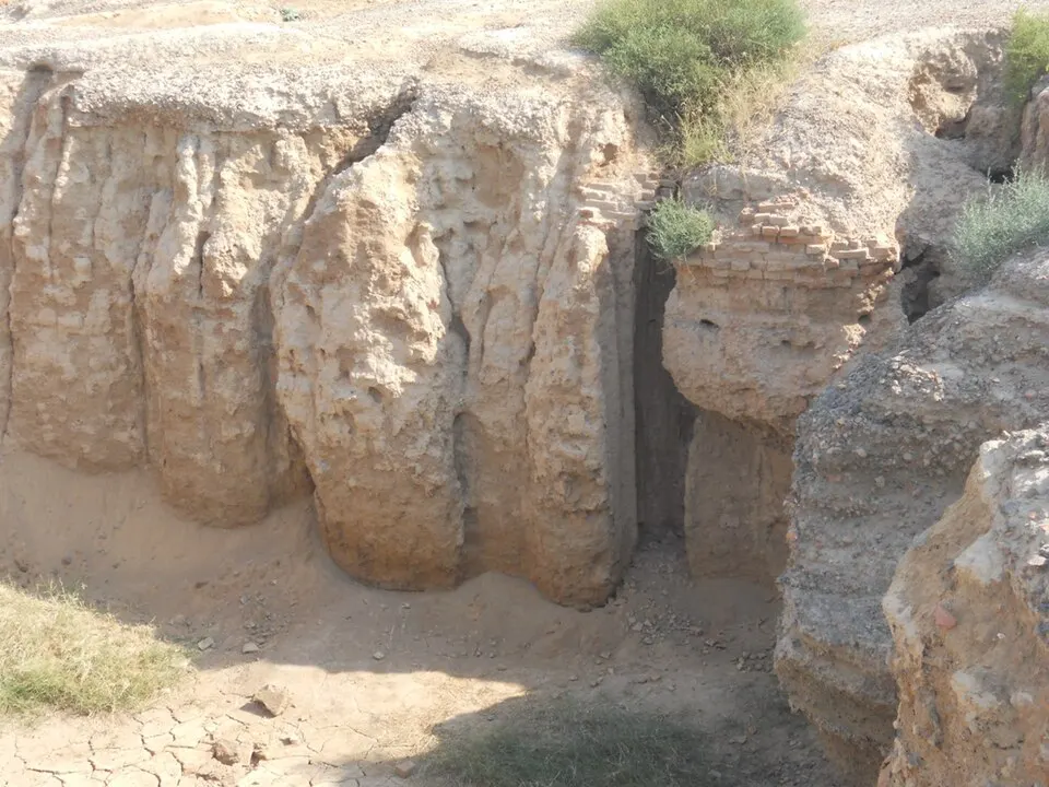 A cut through an ancient earthen mound shows layers of sun-baked brick and soil, with a few bricks visible near the top.