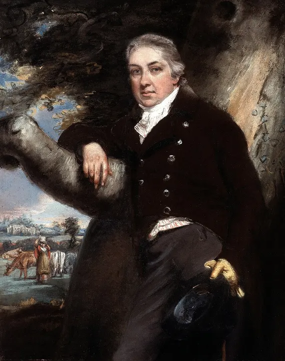A painted portrait of a man in an 18th-century coat.