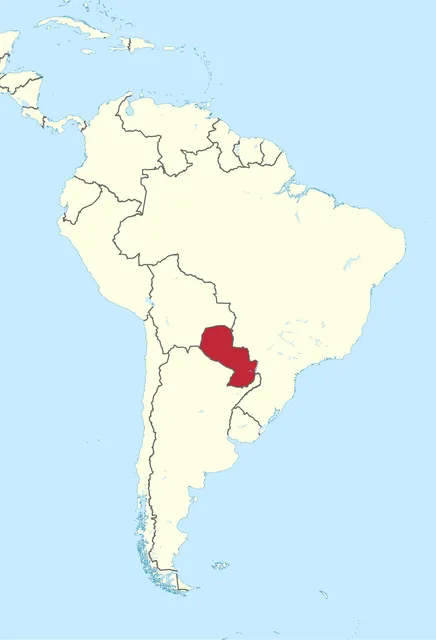 Map of South America with a small landlocked country in the centre-south shaded red