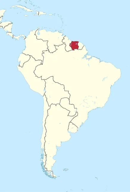 Map of South America with the middle one of three small north-east coastal countries shaded red