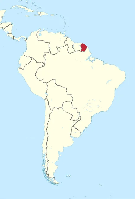 Map of South America with a small territory on the north-east coast next to Brazil shaded red