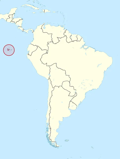 Map of South America with a red circle around islands far out in the Pacific Ocean, west of the continent