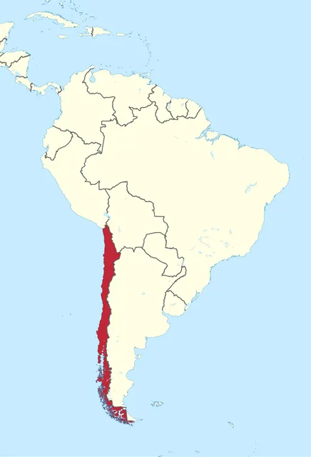 Map of South America with a thin strip along the south-west coast shaded red