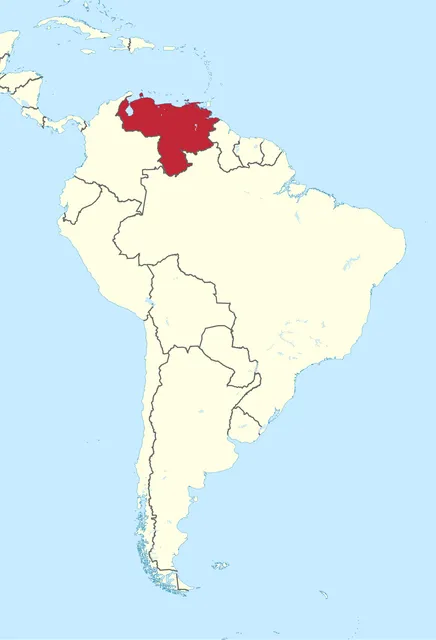 Map of South America with a country on the northern Caribbean coast shaded red