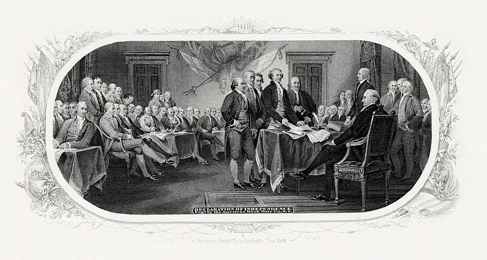 A black-and-white engraving of men in 18th-century dress gathered around a table in a large room, with five standing at the centre.