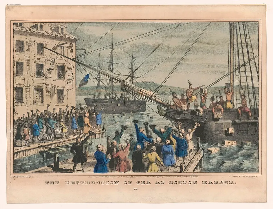 A coloured print of men in feathered headdresses on a ship tossing crates into the water while crowds cheer from the dock.