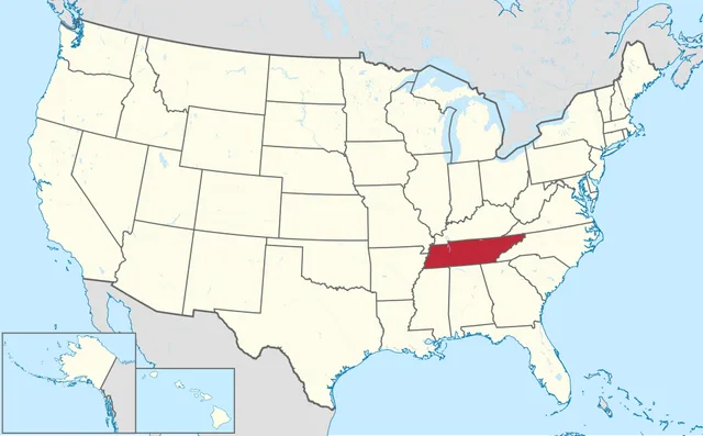 US map with a long, thin south-eastern state highlighted in red