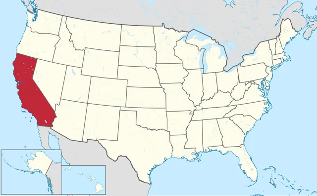 US map with a long state on the Pacific coast highlighted in red