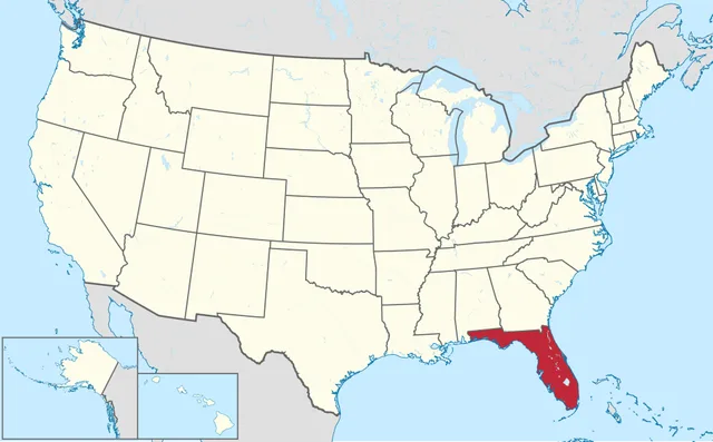 US map with a south-eastern peninsula state highlighted in red