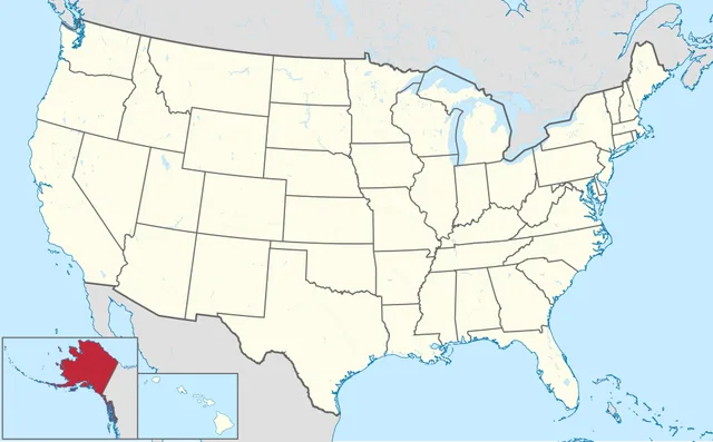 US map with the large north-western inset state highlighted in red