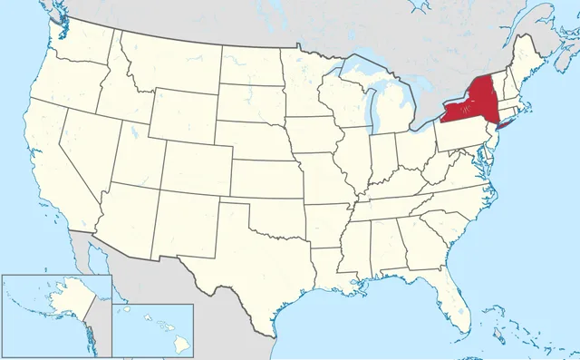 US map with a north-eastern state touching two Great Lakes and the Atlantic highlighted in red