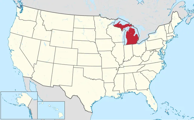 US map with a two-part state among the Great Lakes highlighted in red