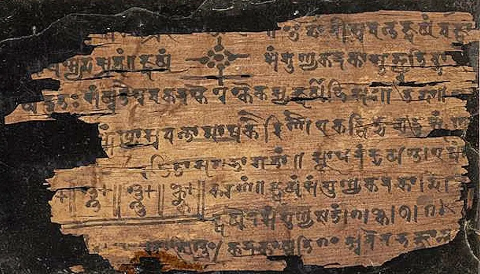 Fragments of an ancient birch-bark manuscript with written marks.