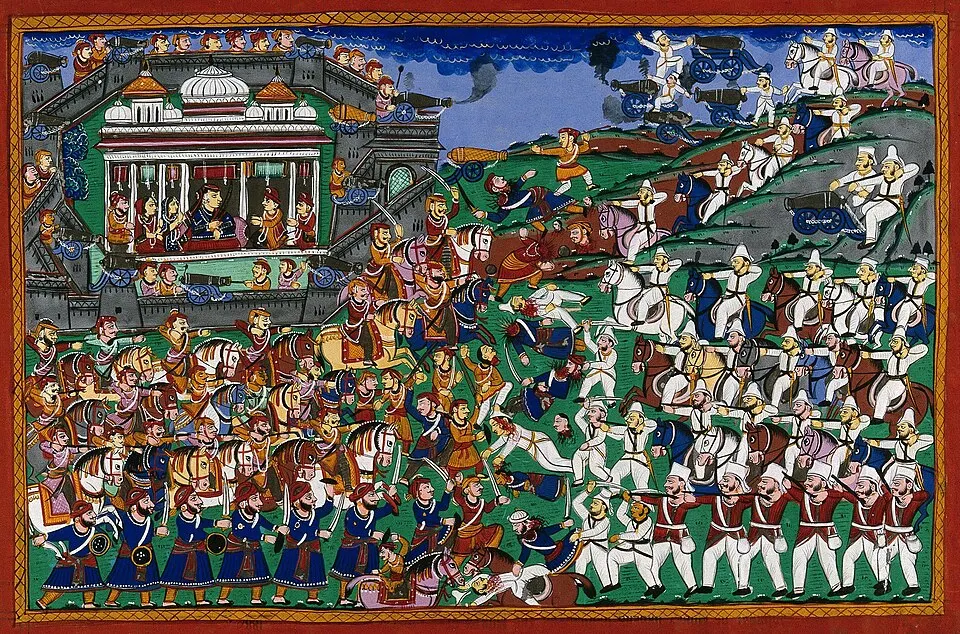 An old painting of a battle, with a queen leading cavalry.