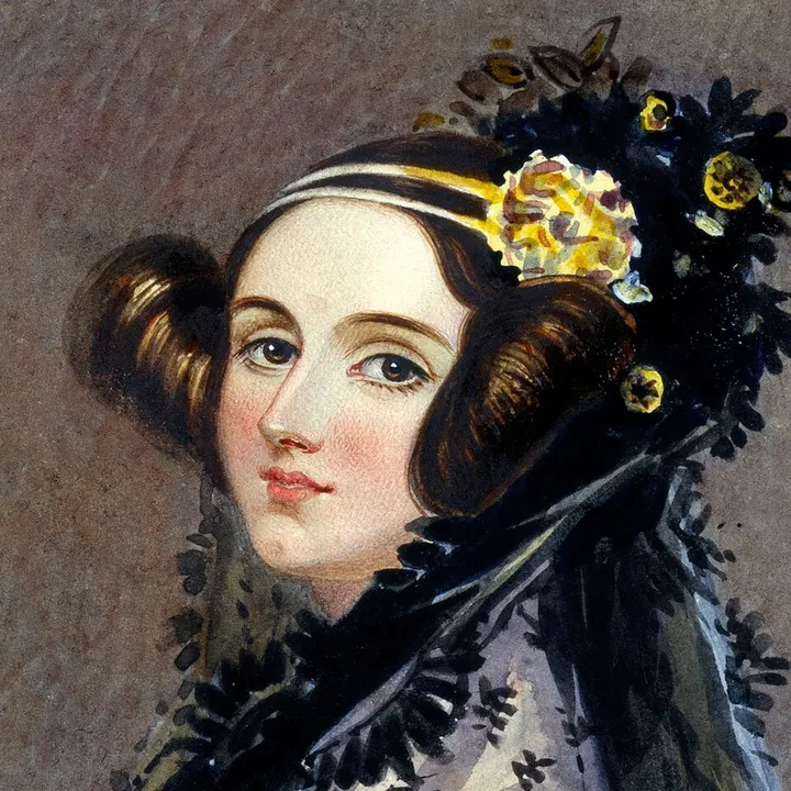 A painted portrait of a woman in an off-the-shoulder dress.